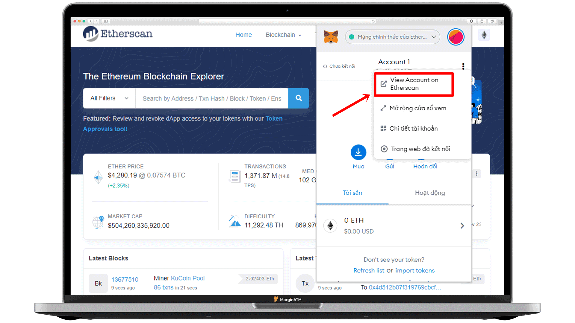 chọn view account on etherscan
