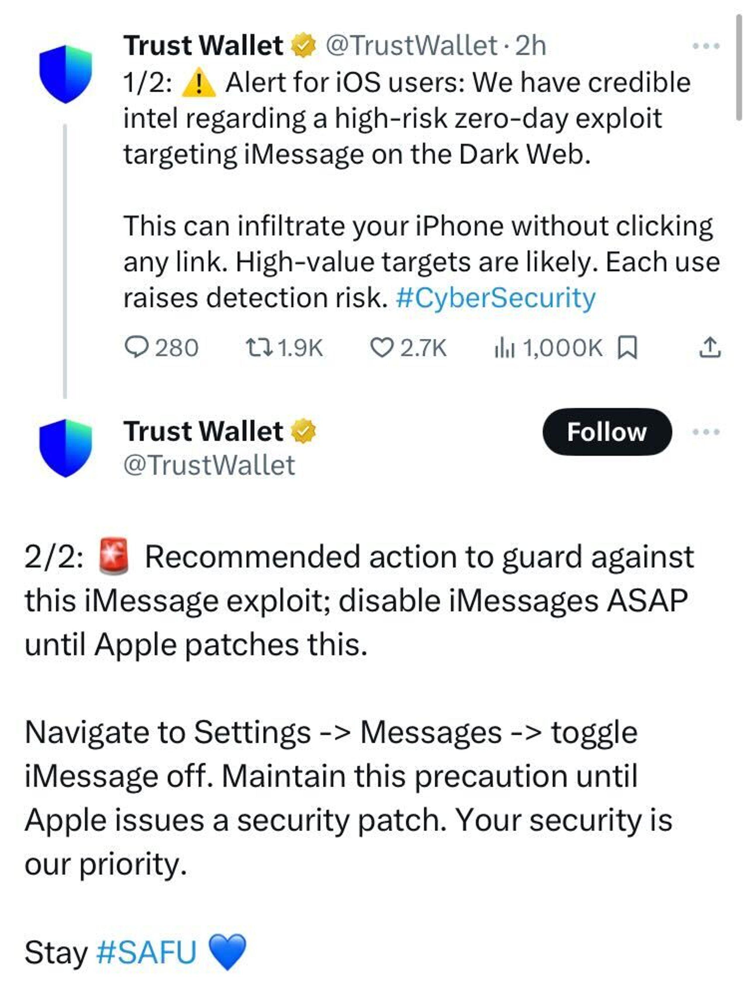 cảnh báo của trust wallet trên x