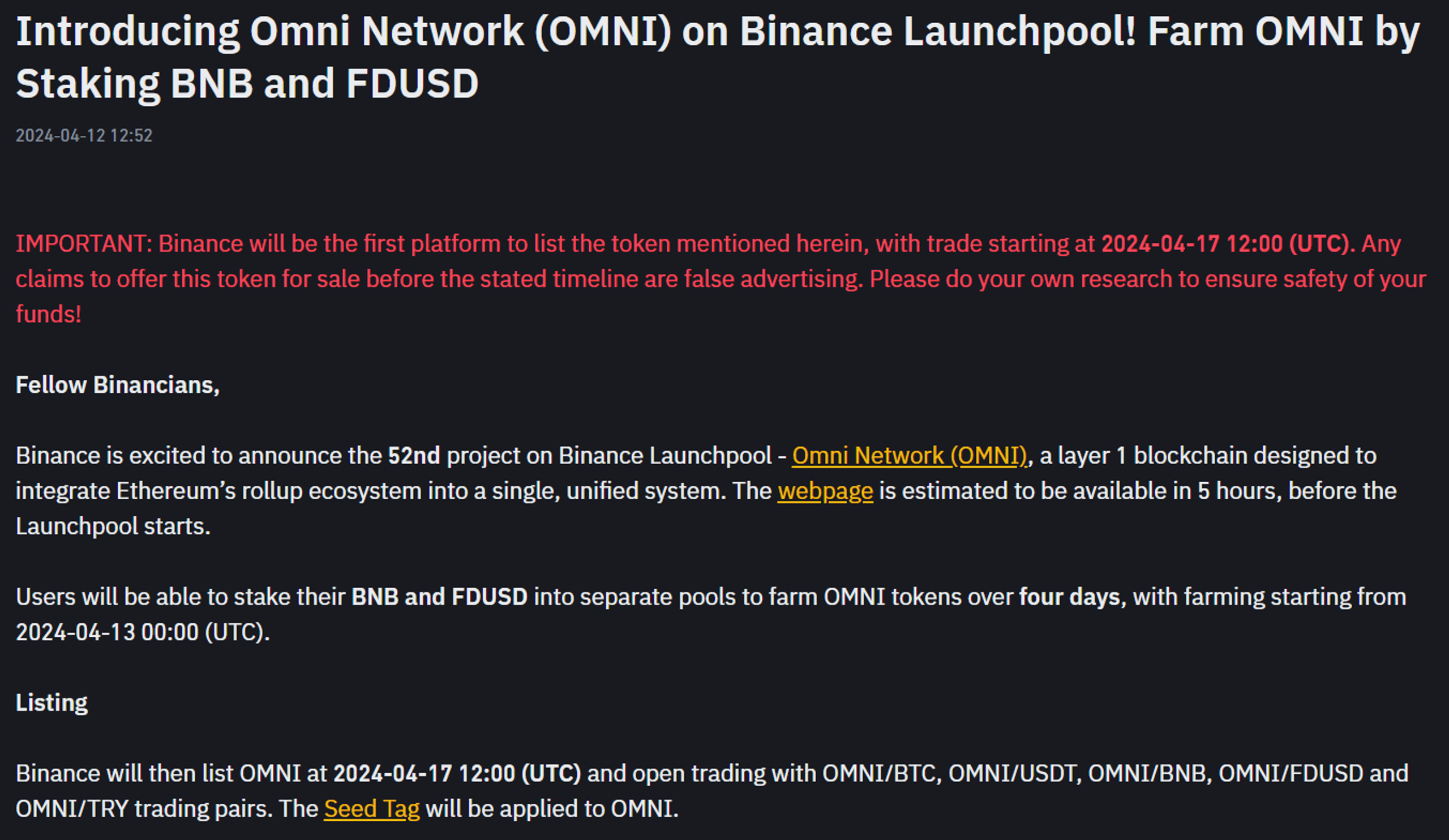 thông báo của binance về omni