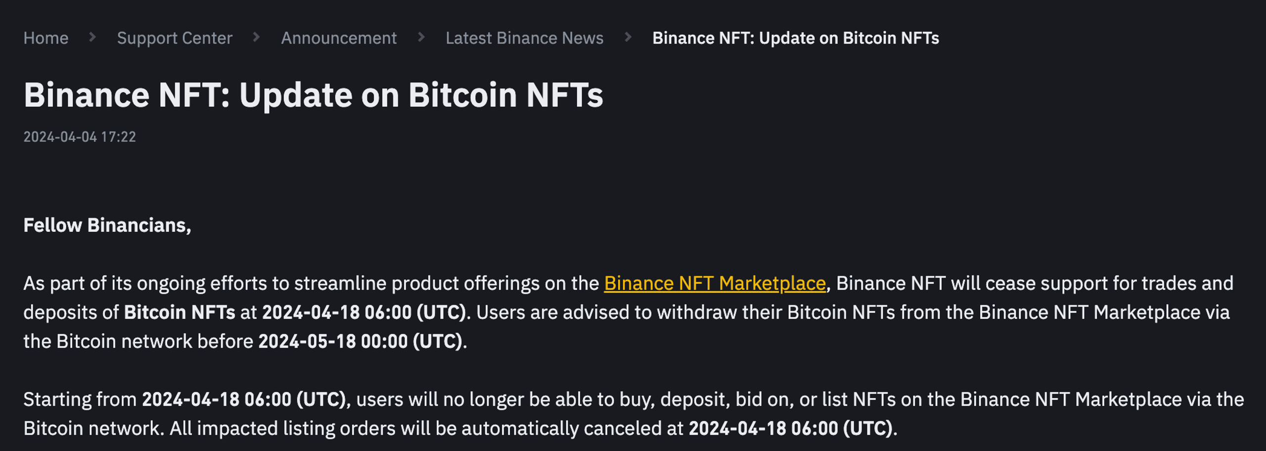 binance ngưng hỗ trợ bitcoin ordinals