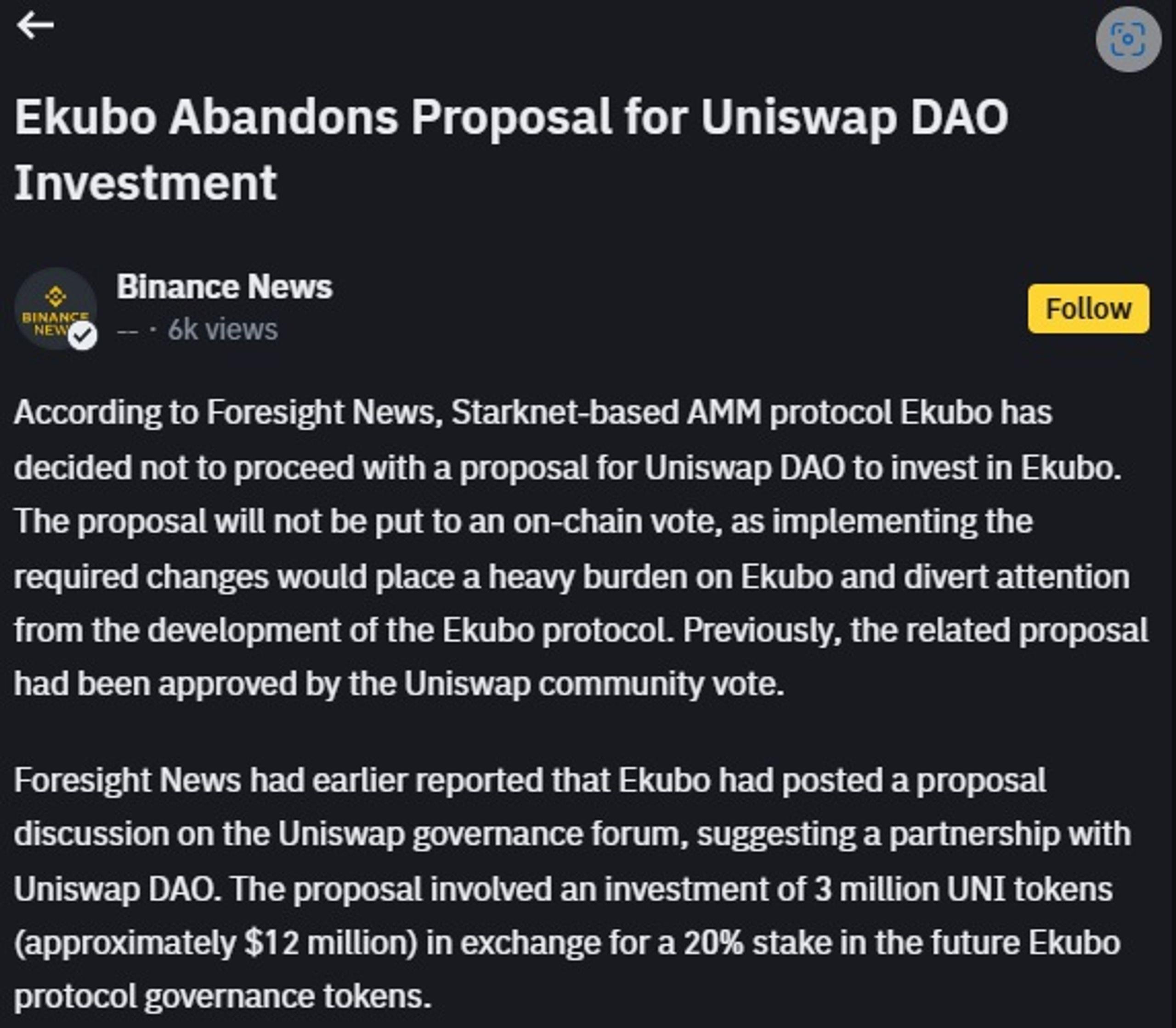 ekubo từ chối đầu tư