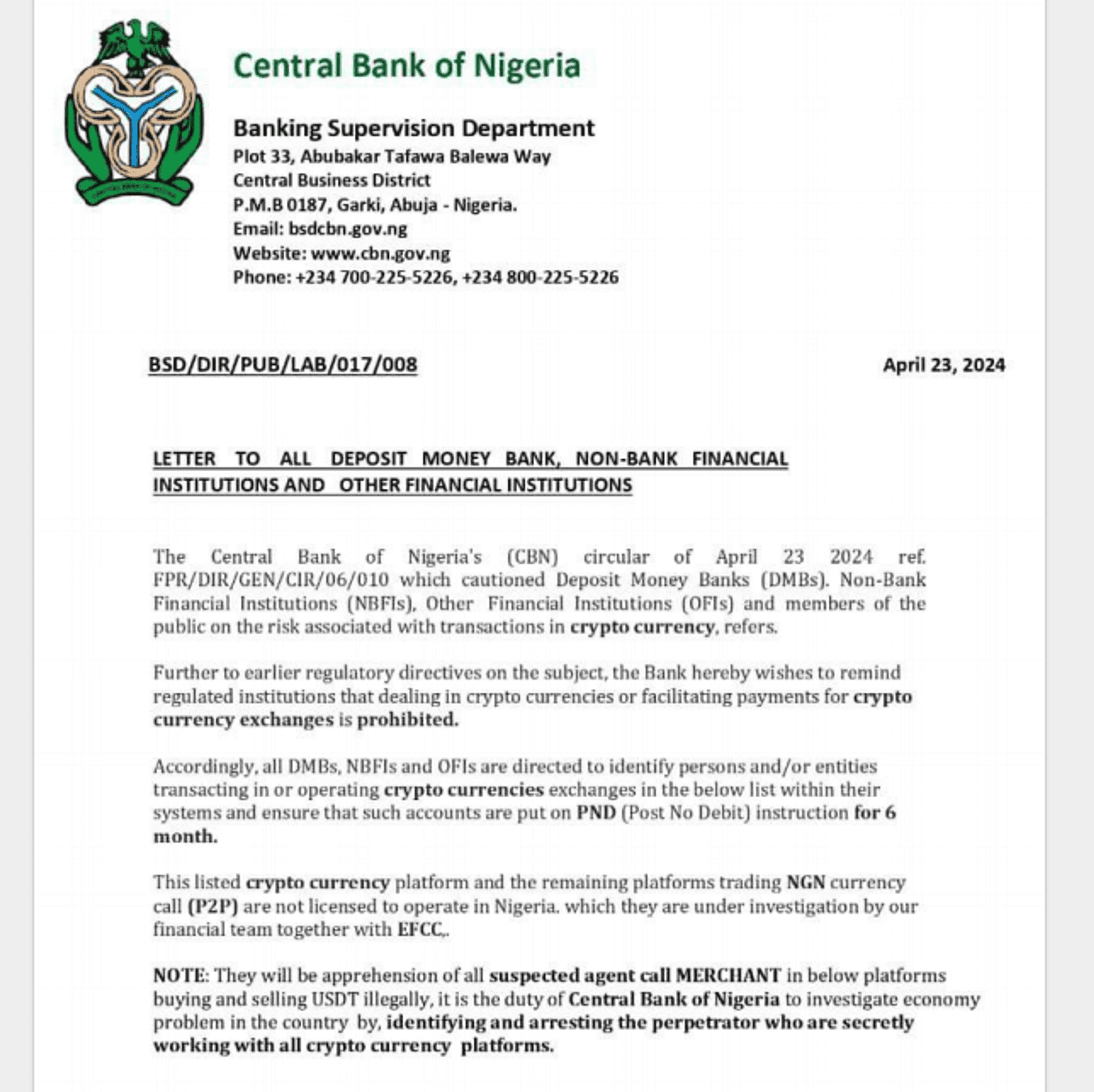 thông tư sai sự thật về ngân hàng trung ương nigeria